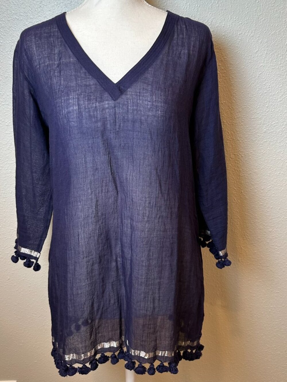 NWOT joshi Nandita Joshi Blue Gauze Tunic Dress Pom Pom Cover Up Sm Boho Resort